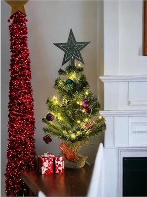 Defne Store 30 cm Süslü ve LED Işıklı Yılbaşı Çam Ağacı Kütük Tabanlı Jüt Ipli Ofis Masa Üstü Ünite Yanı