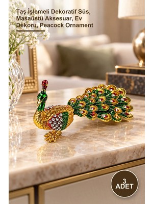 Yenilig 3 Adet Taşlı Tavuskuşu Figür – Taş Işlemeli Dekoratif Süs, Masaüstü Aksesuar, Ev Dekoru, Peacock Ornament
