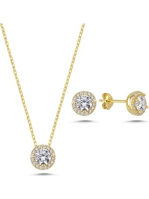 Defne Store 925 Ayar Gümüş Gold Elmas Montür Tektaş Kolye ve Küpe Set