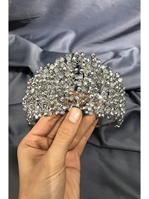 Defne Store Açık Gümüş Kristal Boncuklu Gelin ve Kına Tacı