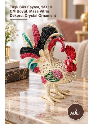 Yenilig 3 Adet Dekoratif Tavuk Figür – Taşlı Süs Eşyası, 13X10 cm Boyut, Masa Vitrin Dekoru, Crystal Ornament