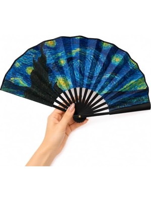 Defne Store Yıldızlı Gece Desenli Katlanabilir El Yelpazesi Japon Stil El Fanı Hafif Taşınabilir Yazlık Serinletici Dekoratif Yelpaze 47X26 cm