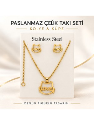Saf Hobi Paslanmaz Çelik Love Yazılı Kedi Figürlü Kolye ve Küpe Seti
