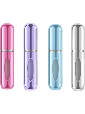 Defne Store Mini Doldurulabilir Parfüm Şişesi; Taşınabilir Seyahat Boy Atomizer Cep Sprey Seti, Pompalı Dolum Kabı, Kompakt, Sızdırmaz ve Dayanıklı Tasarım (Modern, 4 Adet-Pembe, Lila, Açık Mavi, Gümüş)