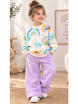 Cg Kids Gökkuşağı ve Bulut Desenli Pudra Sweatshirt - Lila Yan Şeritli Eşofman Altı Alt Üst Takım