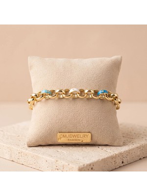 cm Jewelry Vıp Seri 316L Çelik Gold Renk Renkli Mineli Kalın Halka Zincir Bileklik 17 cm Ayarlamalı