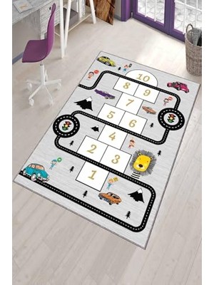 Defne Store AR154 Seksek Desenli Çocuk Halısı, Gri, Kaymaz ve Yıkanabilir, 100 x 200 cm