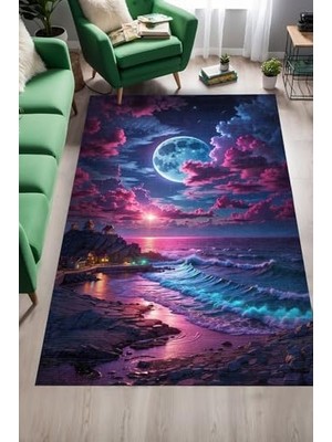 Defne Store Moon Şönil Oyuncu Odası Halısı Kaymayı Önleyici Pamuk Tabanlı Yıkanabilir Antibakteriyel Gamer, Gaming Halısı 120X180