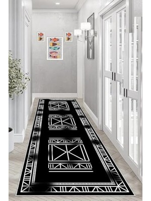 Defne Store Osmanlı Motifli Desenli Etnik Dijital Baskı Yıkanabilir Kaymaz Taban Salon Halısı ve Yolluk, Siyah, Krem-Siyah, 80 x 300,95559022803007
