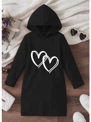 Nigrum Pardus Nıgrum Pardus Büyük Beden Kapüşonlu Çift Kalp Baskılı %100 Pamuk 3 Iplik Kışlık Kadın Spor Hoodie Elbise