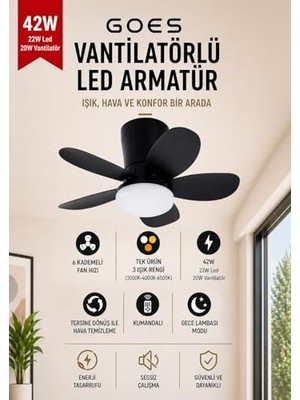 Defne Store Fan, 42W Tavan Vantilatörü LED Avize 64 cm 5 Kanat 6 Kademeli Ters Dönüş ve Gece Lambası Modu ile Uzaktan Kumandalı Siyah