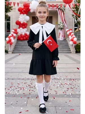 Parla Kids Kız Çocuk Rashel Siyah Yakalı Fırfırlı Uzun Kol Keten 23 Nisan 29 Ekim Gösteri Elbisesi
