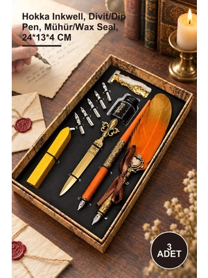 Yenilig 3 Adet Vintage Hokka Divit Kalem ve Mühür Seti – Hokka Inkwell, Divit/dip Pen, Mühür/wax Seal, 24*13*4 cm
