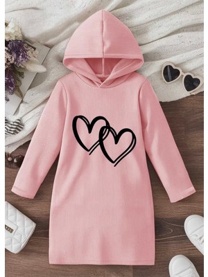 Nigrum Pardus Nıgrum Pardus Büyük Beden Kapüşonlu Çift Kalp Baskılı %100 Pamuk 3 Iplik Kışlık Kadın Spor Hoodie Elbise