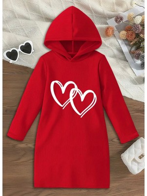 Nigrum Pardus Nıgrum Pardus Büyük Beden Kapüşonlu Çift Kalp Baskılı %100 Pamuk 3 Iplik Kışlık Kadın Spor Hoodie Elbise
