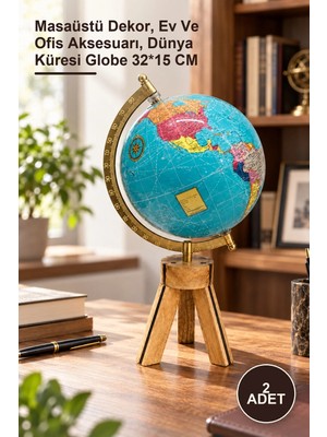 Yenilig 2 Adet Ahşap Ayaklı Dekoratif Dünya Küre – Masaüstü Dekor, Ev ve Ofis Aksesuarı, Dünya Küresi Globe 32*15 cm