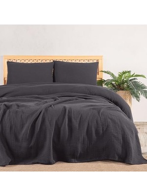 Defne Store Tek Kişilik %100 Pamuk 4 Kat Muslin Müslin Yatak Örtüsü Seti 180X230 cm Antrasit