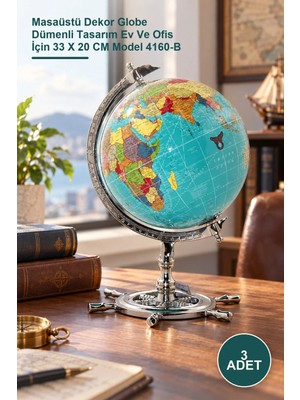 Yenilig 3 Adet Dümenli Dekoratif Dünya Küre – Masaüstü Dekor Globe Dümenli Tasarım Ev ve Ofis Için 33 x 20 cm Model 4160-B