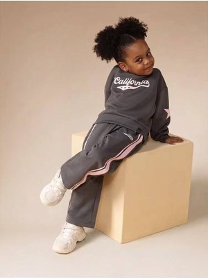 Cg Kids California Pembe Yazı Baskılı Antrasit Gri Sweatshirt - Pembe Şeritli Eşofman Alt Üst Takım