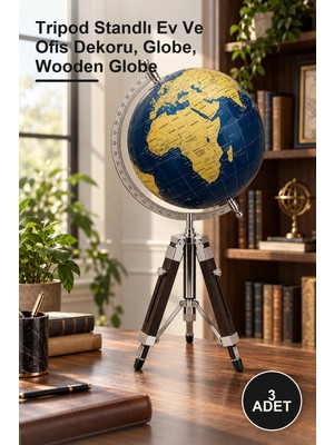 Yenilig 3 Adet Ahşap Tripot Ayaklı Dekoratif Dünya Küre – Tripod Standlı Ev ve Ofis Dekoru, Globe, Wooden Globe