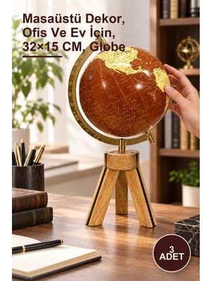 Yenilig 3 Adet Ahşap Ayaklı Dekoratif Dünya Küre – Masaüstü Dekor, Ofis ve Ev Için, 32×15 Cm, Globe