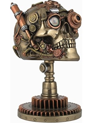 Defne Store Steampunk Kafatası Heykeli, Bronz ve Bakır Kaplama, Dişli Zeminli