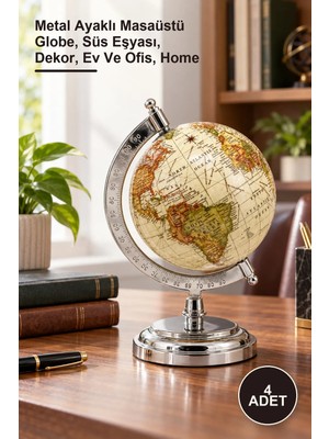 Yenilig 4 Adet Dekoratif Dünya Küre – Metal Ayaklı Masaüstü Globe, Süs Eşyası, Dekor, Ev ve Ofis, Home