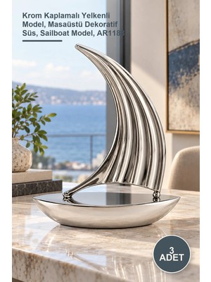 Yenilig 3 Adet Krom Yelken Gemi – Krom Kaplamalı Yelkenli Model, Masaüstü Dekoratif Süs, Sailboat Model, AR1188