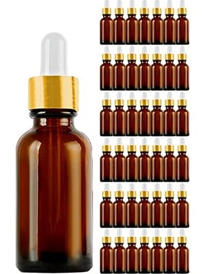 Defne Store 20 ml Amber Damlalıklı Cam Şişe, Gold Metal Sızdırmaz Kapaklı, 42 Adet
