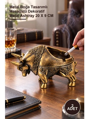 Yenilig 2 Adet Küllük – Metal Boğa Tasarımlı Masaüstü Dekoratif Metal Ashtray 20 x 9 cm