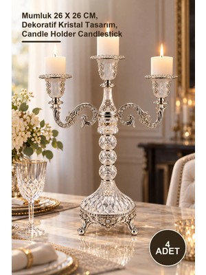 Yenilig 4 Adet Kristal Şamdan – Mumluk 26 x 26 Cm, Dekoratif Kristal Tasarım, Candle Holder Candlestick