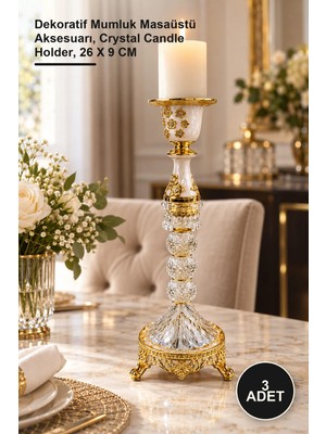 Yenilig 3 Adet Varak Kaplama Kristal Şamdan – Dekoratif Mumluk Masaüstü Aksesuarı, Crystal Candle Holder, 26 x 9 cm