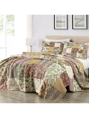 Defne Store Delaney 3 Parça Çiçekli Yama Işi Önceden Yıkanmış %100 Pamuk Yorgan Seti, Queen