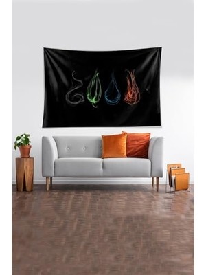 Defne Store Siyah 4 Ana Element Desenli Leke Tutmaz Kadife Kumaş Duvar Örtüsü Duvar Halısı Tapestry YWLL463,70 x 100