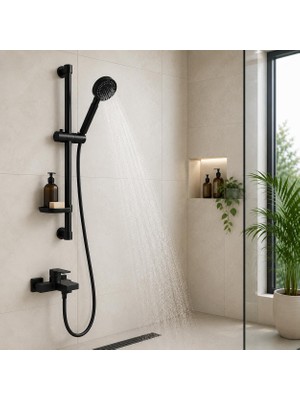 Ms Premium Mat Siyah Sürgülü Duş Seti, Ayarlanabilir Duş Rayı, El Duş Başlığı, 150 cm Spiral Duş Hortumu, Banyo Duş Sistemi, Duş Kabini Aksesuarı, Modern Banyo Armatür Seti, Kolay Montaj
