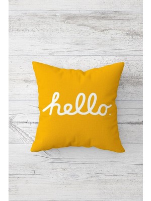 Ms Pelangi Hello Mesajlı Çift Tarafı Baskılı Gizli Fermuarlı Yastık Kılıfı Kırlent Koltuk Yastık Kılıfı, Koyu Sarı 45 x 45
