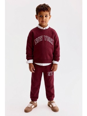 Cg Kids New York Yazı Baskılı Bordo Sweatshirt - Paçası Lastikli Nakışlı Ny Eşofman Altı Alt Üst 3ip Takım