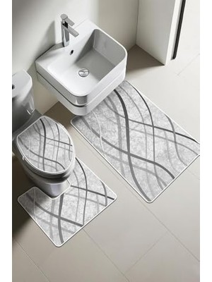 Defne Store KLZ0004 3'lü Dijital Baskılı Banyo Paspas Seti, Yıkanabilir Kaymaz Tabanlı Klozet Takımı