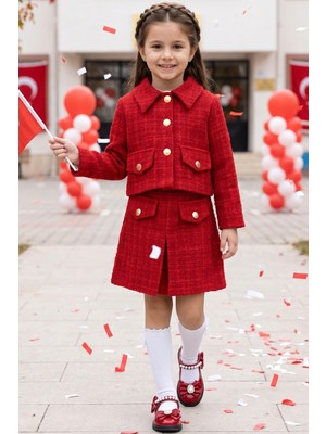 Parla Kids Kız Çocuk Kırmızı Carmen Tüvit Etek Ceket Alt Üst Takım 29 Ekim Gösteri Kıyafeti