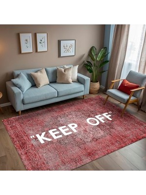 Defne Store Kırmızı Keep Off Eskitme Şönil Pamuk Tabanlı Yıkanabilir Kaymaz Antibakteriyel Salon Halısı 200X300