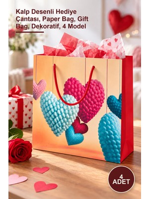Yenilig 4 Adet Büyük Boy Karton Çanta – Kalp Desenli Hediye Çantası, Paper Bag, Gift Bag, Dekoratif, 4 Model