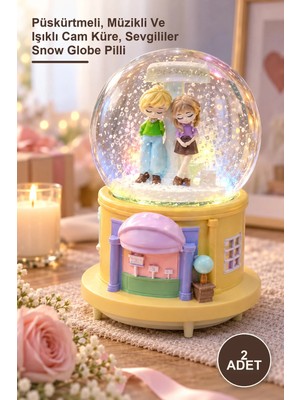 Yenilig 2 Adet Büyük Boy Mutlu Aşıklar Tasarımlı Kar Küresi – Püskürtmeli, Müzikli ve Işıklı Cam Küre, Sevgililer Snow Globe Pilli