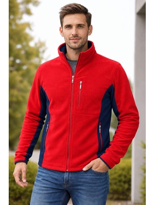 Bizim Terzi Kırmızı Lacivert Polar 3 Cepli Tam Fermuarlı Slim Fit Anti Pilling Tüylenme Yapmaz. Hava Geçirmez