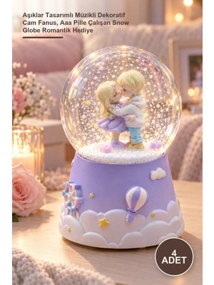 Yenilig 4 Adet Büyük Boy Pilli Kar Küresi – Aşıklar Tasarımlı Müzikli Dekoratif Cam Fanus, Aaa Pille Çalışan Snow Globe Romantik Hediye