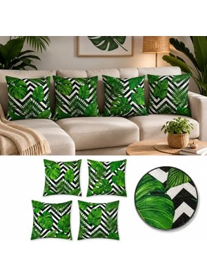 Defne Store Dijital Baskı Tropikal Yaprak Desenli Dekoratif Yastık Kılıfı 45X45 Cm, Fermuarlı, Yıkanabilir, Modern Yeşil Tasarım, 4'lü Set, Iç Yastık Dahil Değildir