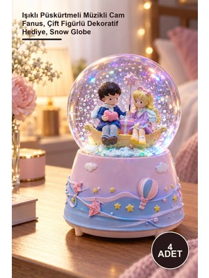 Yenilig 4 Adet Büyük Romantik Kar Küresi – Işıklı Püskürtmeli Müzikli Cam Fanus, Çift Figürlü Dekoratif Hediye, Snow Globe