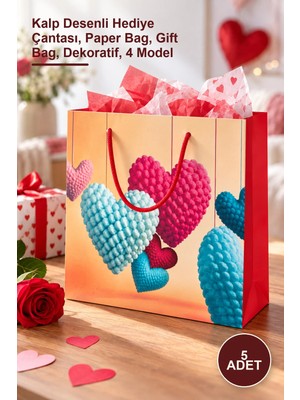 Yenilig 5 Adet Büyük Boy Karton Çanta – Kalp Desenli Hediye Çantası, Paper Bag, Gift Bag, Dekoratif, 4 Model
