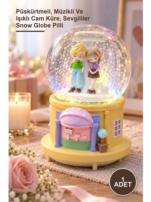 Yenilig 1 Adet Büyük Boy Mutlu Aşıklar Tasarımlı Kar Küresi – Püskürtmeli, Müzikli ve Işıklı Cam Küre, Sevgililer Snow Globe Pilli