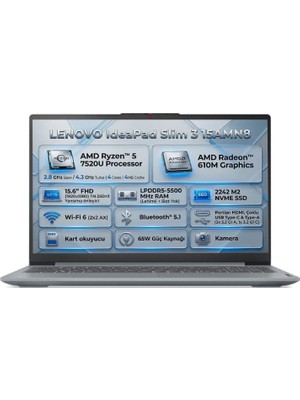 Ms Ideapad Slim 3 15AMN8 | Amd Ryzen 5 7520U | Integrated Amd Radeon 610M Graphics | 15.6" Fhd (1920X1080) Tn 250NITS | 8gb Ram | 512GB M2 Nvme SSD | Freedos | 82XQ00RWTX