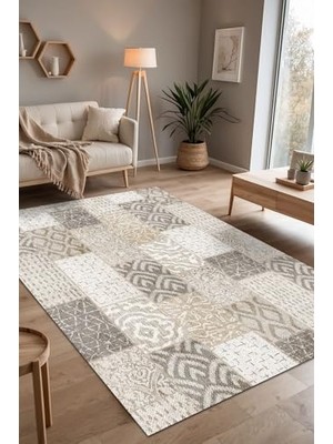 Defne Store Manel Patchwork Şönil Kaymaz Doğal Pamuk Tabanlı Yıkanabilir Antibakteriyel Çevre Dostu Salon Halısı 100X150